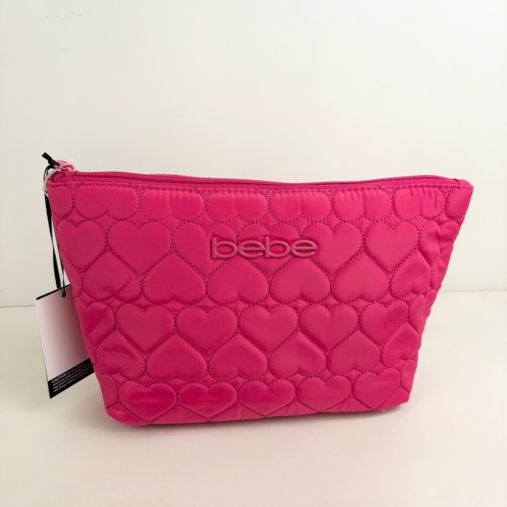 Bebe Pink Quilted Heart With 2 Travel Toiletry Bottles Cosmetic Bag